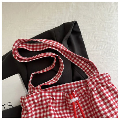 Cute Plaid Cotton Tote Bag Large Capaci Lace Trim Women's Summer 2026 Simple Lady Handbag Soft Shoulder Bags Bolsa Feminina