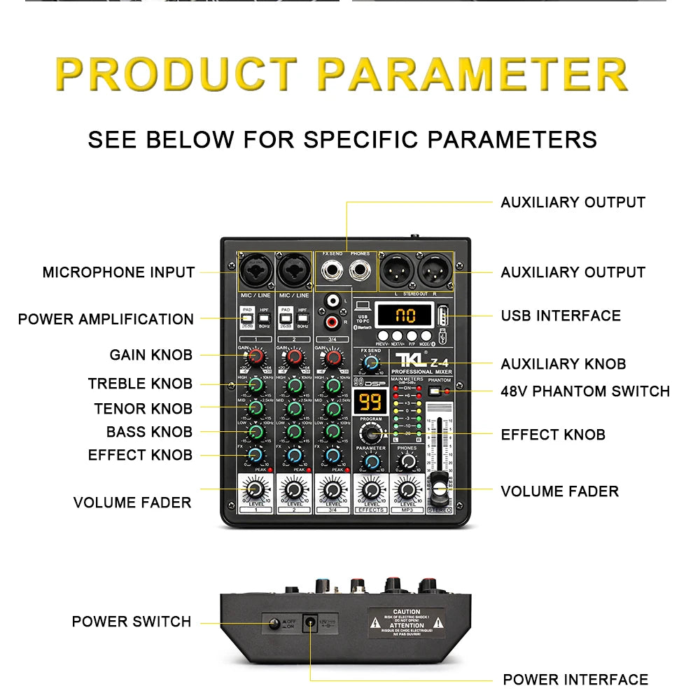 TKL 4 Channel 99 DSP Audio Mixer 48V Phantom Power USB Studio Sound Mixers Bluetooth DJ Console Mixing for Karaok