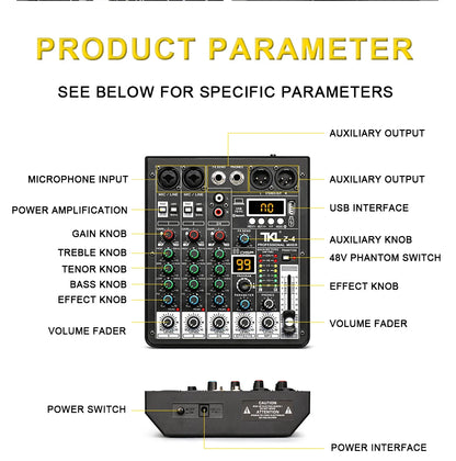 TKL 4 Channel 99 DSP Audio Mixer 48V Phantom Power USB Studio Sound Mixers Bluetooth DJ Console Mixing for Karaok