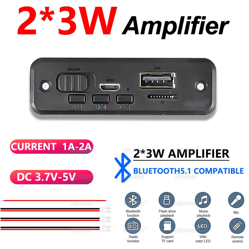 6W Bluetooth Amplifier Board MP3 Player Module with USB TF FM Radio 3.7V-5V Audio Power Amplifier for Car DIY Speaker Project