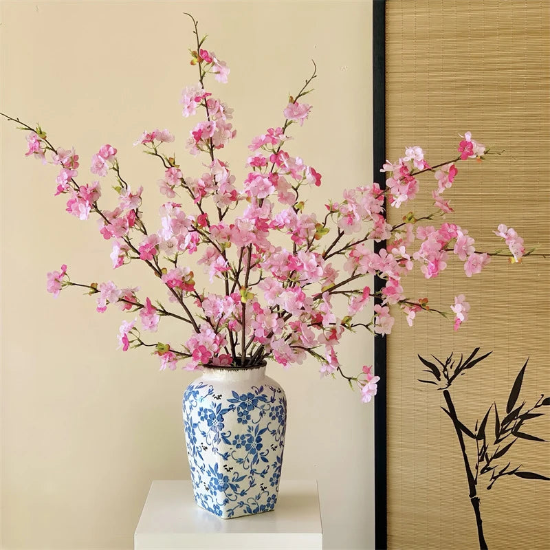 Japanese Style Artificial Cherry & Peach Blossom Bouquet, Faux Dried Floral Ornaments for Table & Living Room Home Decoration