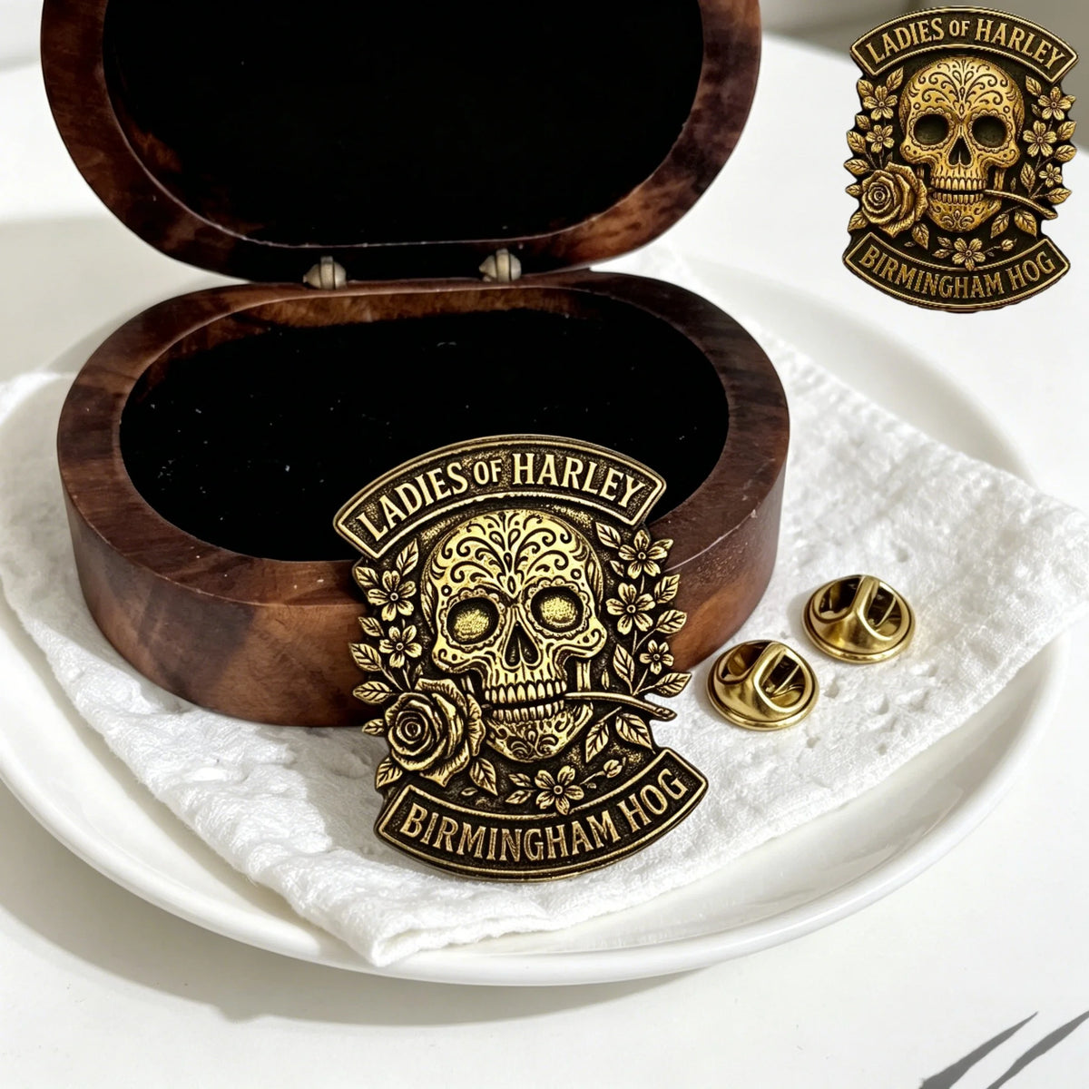 Custom Logo Metal Badge Personalized Vintage Gothic Pin Stainless Steel Jewelry for Motorcycle Club Women Gifts