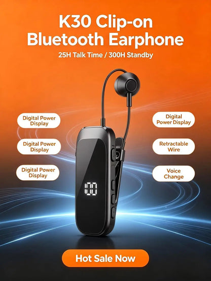 K30 Clip-on Bluetooth Headset with Digital Power Display, Retractable Earbud, 25H Talk Time & 300H Standby, Handsfree Wireless E