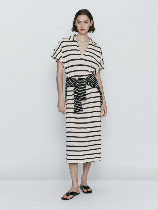 Ethereal Traf Md 2026 YAZHIMEI autumn new style of Women's casual fashion Cotton blend striped POLO neck long dress