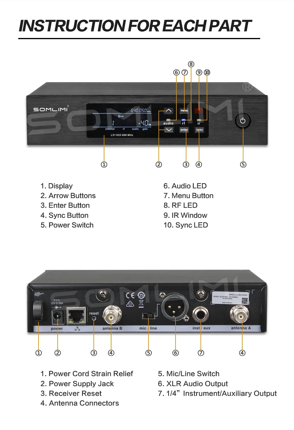 SOMLIMI QLXD1 Headset Mic Stage Performancce Hip Hop True Diversity Professional Wireless Microphone Bodypack Transmitter