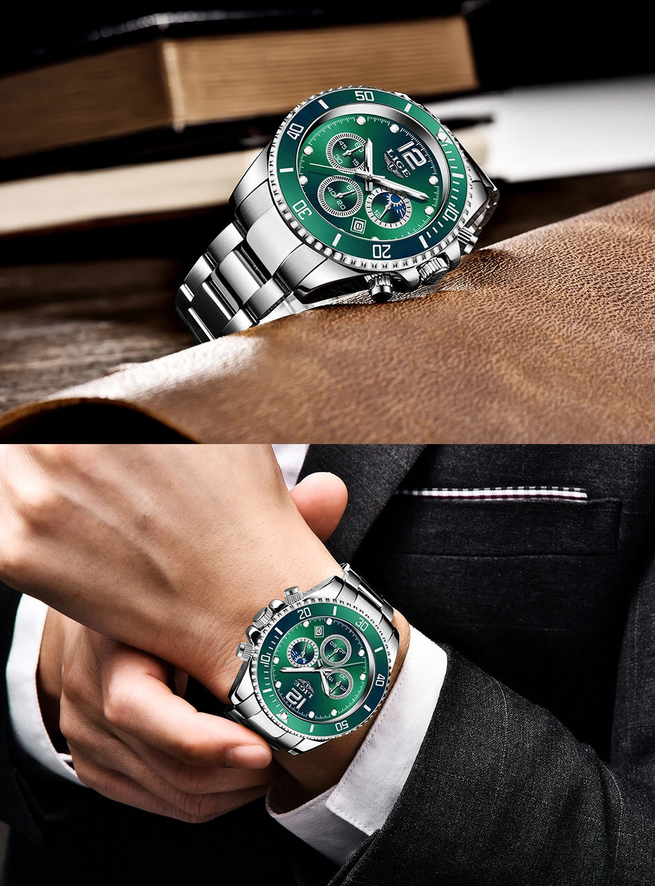 LIGE Outdoor Sport Watch For Men Fashion Military Waterproof Luminous Men Watch Round Stainless Steel Quartz Chronograph Male