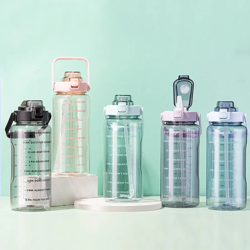 2L Water Bottle Portable Straw Plastic Water Cup for Outdoor Sports Fitness Adult High Value Big Fat Cup with Time Marker