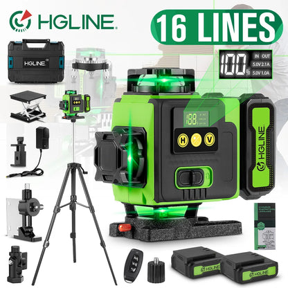 HGLINE 16 Lines Laser Level APP Remote Control Horizontal Vertical Levels Machine Power Display Laser Leveling With 100cm Tripod
