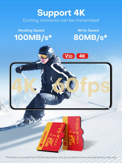 Kodak Mircosd Card with Adapter U3 V30 Class 10 Micro sd Card Memory Card TF Card 32GB/64GB/128GB/256GB Supports 4K & Full HD