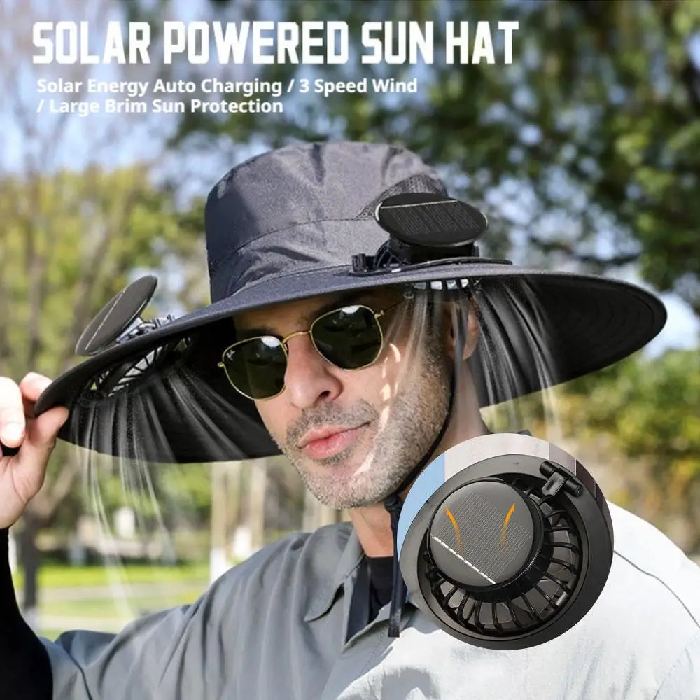 New Multi-Function Solar Fan Sun Hat - Waterproof Fishing Hat with Built-In USB Charging & Wide Brim for UV/Heat Protection