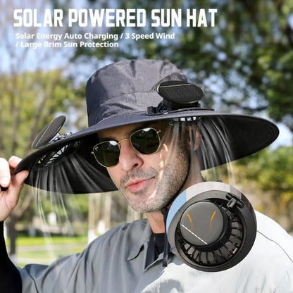 New Multi-Function Solar Fan Sun Hat - Waterproof Fishing Hat with Built-In USB Charging & Wide Brim for UV/Heat Protection