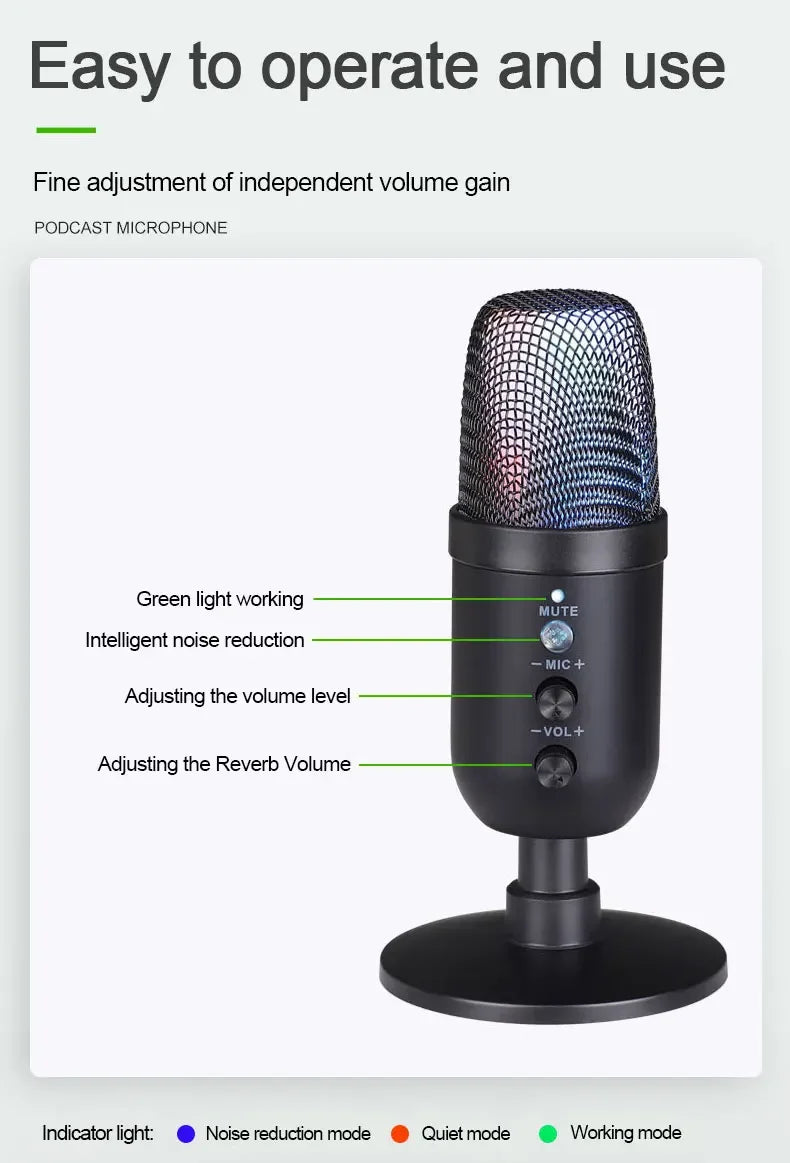 USB Gaming Microphone for PC Condenser Podcast Mic for Studio Recording Headphone Jack RGB Noise Cancellation with Mute Button