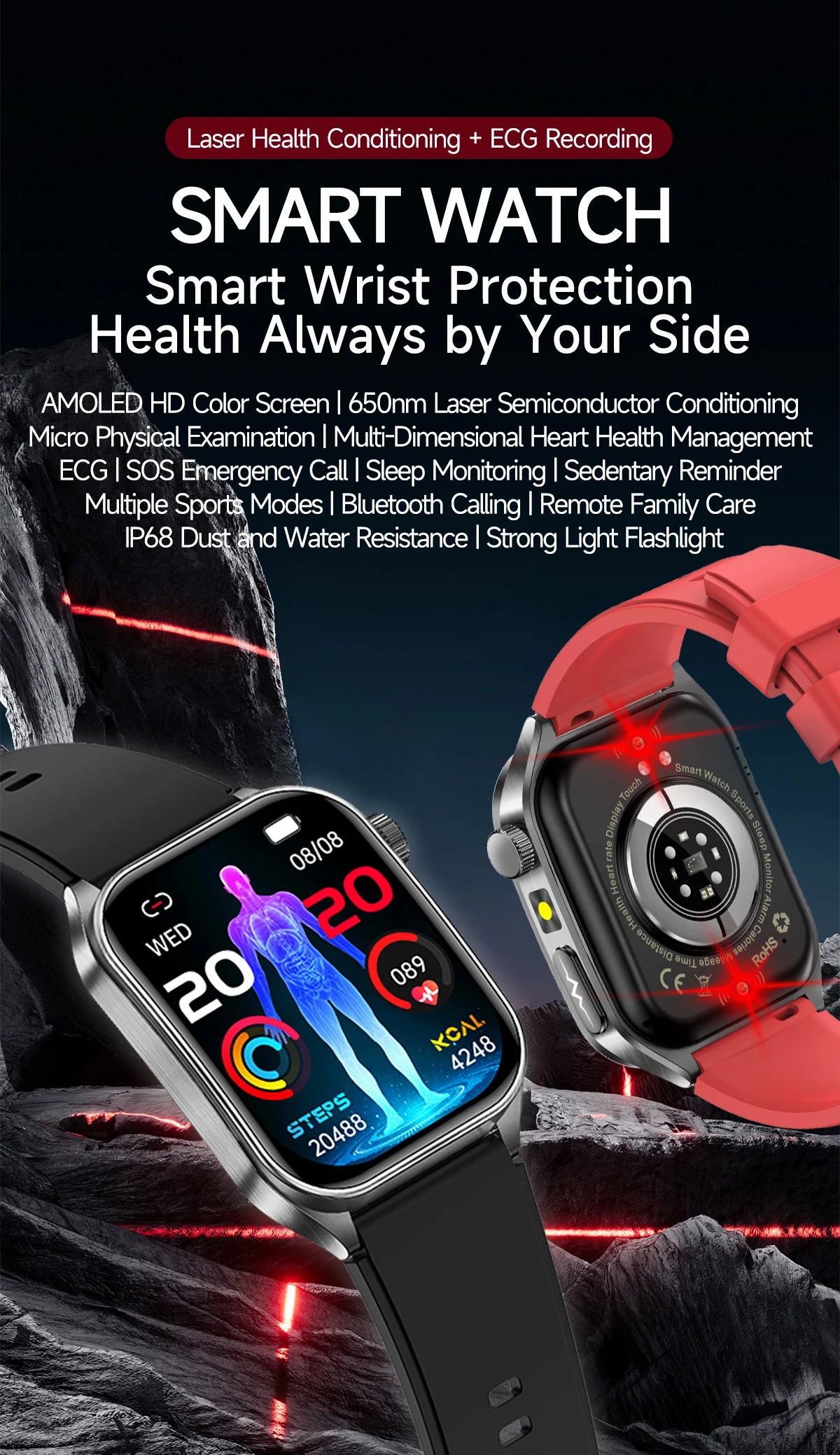 GUHUAVMI New Laser Therapy ECG+PPG Smart Watch Health Monitor Blood Lipids Uric Acid Heart Rate Tracking Monitoring Smartwatches