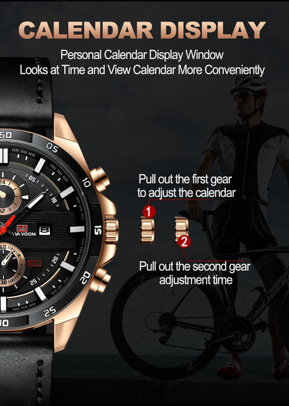 Man Sports Watches Fashion Racing Series 46mm Black Leather Clock VA VA VOOM Quartz Movement 3Bar Waterproof Wrist Watch for Men