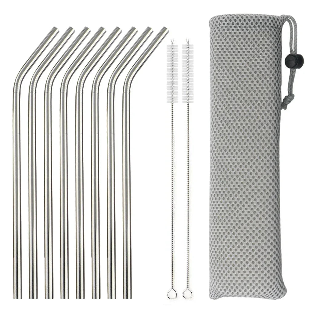 5/10Pcs Reusable Drinking Straw 304 Stainless Steel Straws Straight Bent Metal Straw with Cleaner Brush Pouch Wholesale