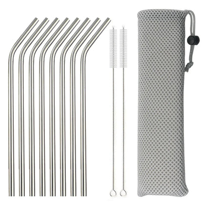5/10Pcs Reusable Drinking Straw 304 Stainless Steel Straws Straight Bent Metal Straw with Cleaner Brush Pouch Wholesale