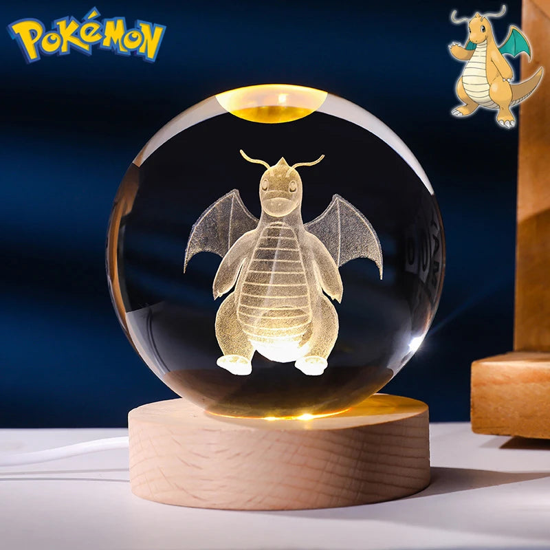 6CM Pokemon 3D Crystal Ball Figure Toy Anime Gengar Rayquaza Pikachu Lugia Vaporeon Glass Ball Model Night Light Room Decoration