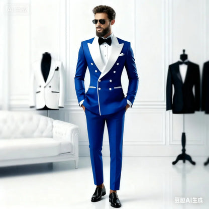 2-Piece Men's Casual Smolking Set with White Lapel Blazer And Black Pants Wedding Groomsmen Suit for Ceremony And Festa