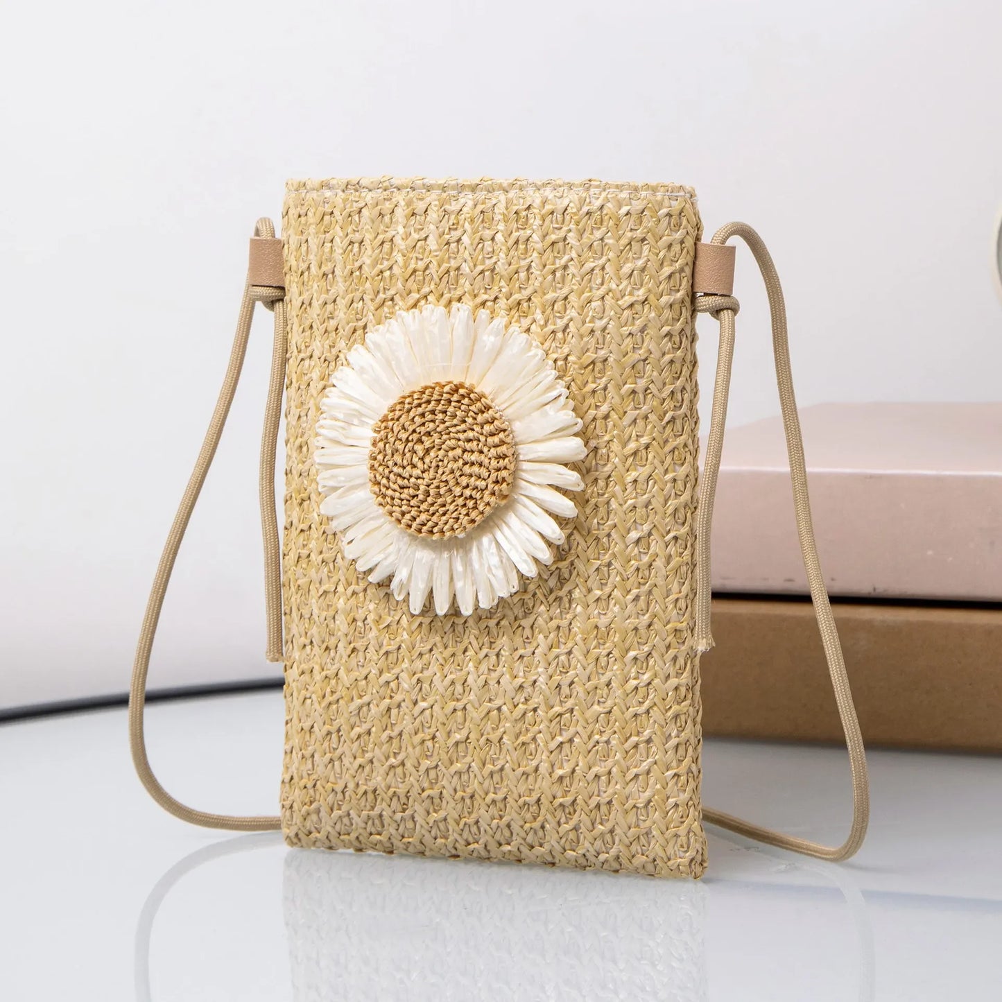 Stylish Flower Woven Small Bag for Women Teen Crossbody Purse, Summer Chic Leisure Mobile Phone Bag, Single Knit Shoulder Bag