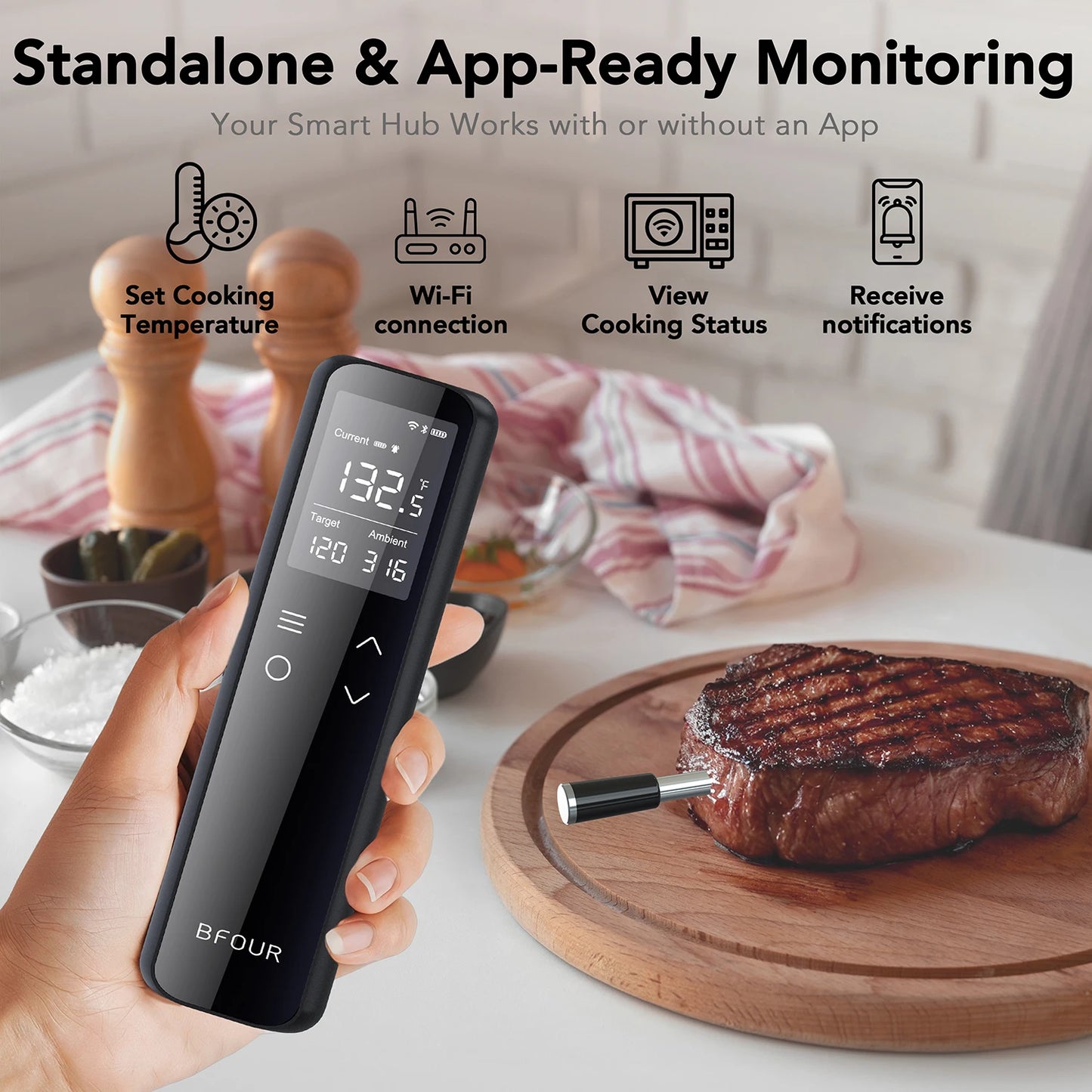 Wireless Meat Thermometer Digital with WiFi Unlimited Range & Bluetooth Support APP Alarm Reminder for BBQ, Oven, Air Fryer
