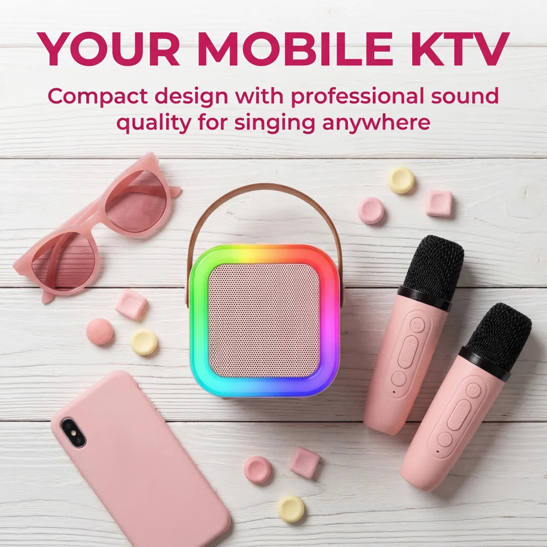 Portable Mini Karaoke Machine With 2 Wireless Microphones Bluetooth 5.0 Speaker RGB Lights Voice Change for Home Party Kids Gift