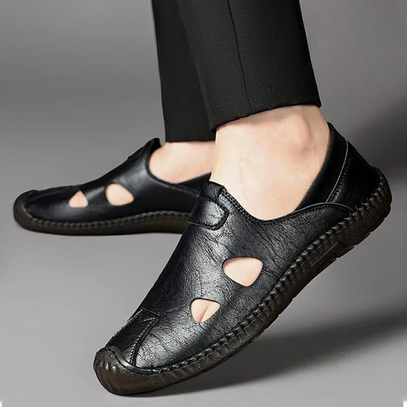 Men's Comfortable Soft-Soled Slip-On Sandals Breathable Hollow-Out Anti-Slip Wear-Resistant Business Casual Loafers-8222