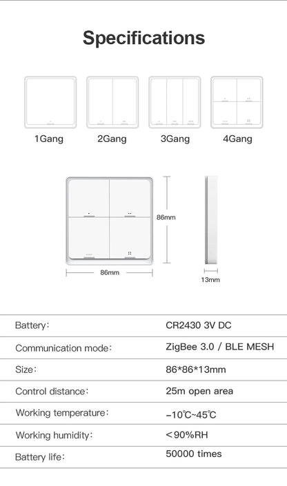 Works with Tuya Zigbee Smart Scene Switch Button 4 Gang 12 Scene Switch Push Button Controller in Smart Life App ZigBee Gateway