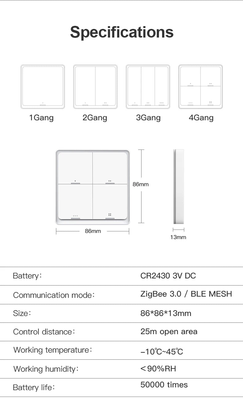 Works With Tuya zigbee Smart Button Scene Switch 1/2/3/4 Gang Switch Push Button Controller Works in Smart Life App ZigBee Gatew