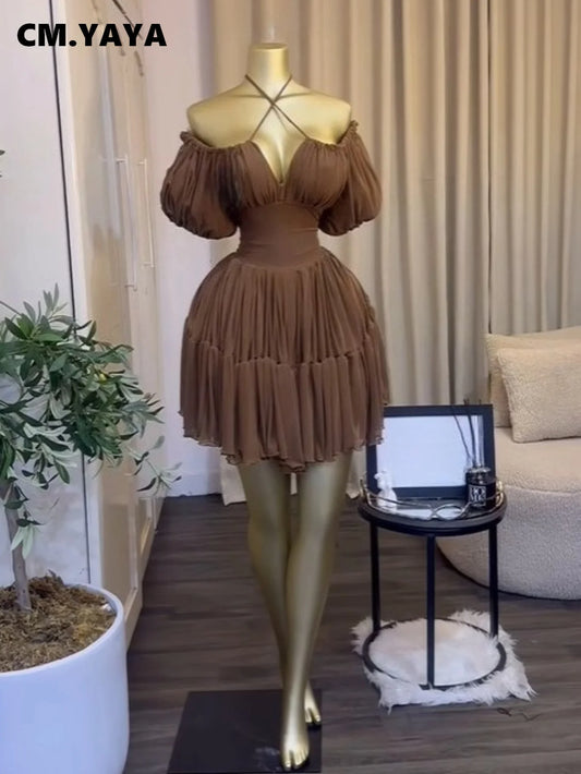 CM.YAYA Women Off Shoulder Puff Sleeve Mini Dress Vintage Halter Cross Ruched Tiered Ruffle Fairycore Party Evening Dresses