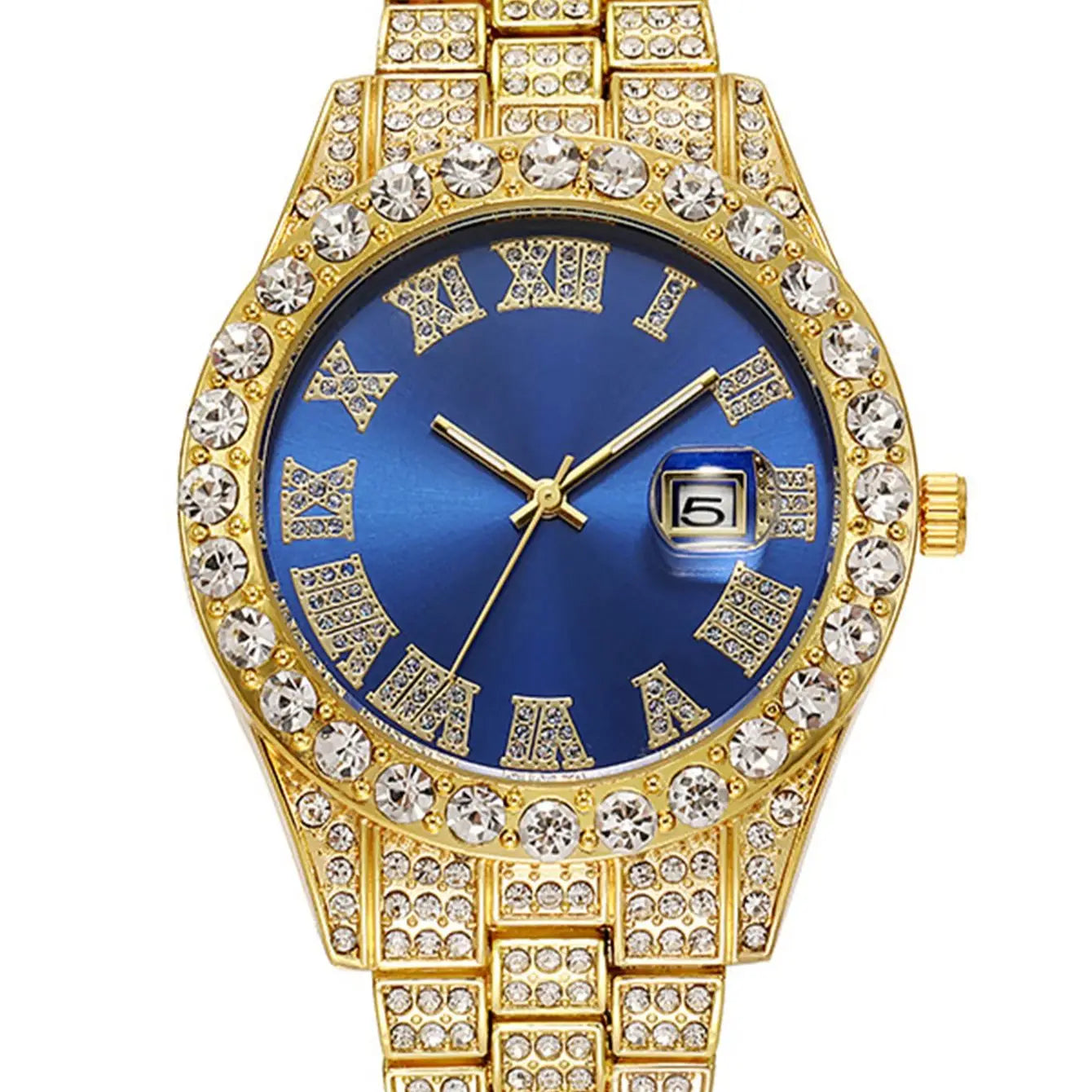 3PCS luxury alloy full diamond rhinestone mirror men's quartz watch with calendar and Hip Hop Cuban Necklace bracelet set