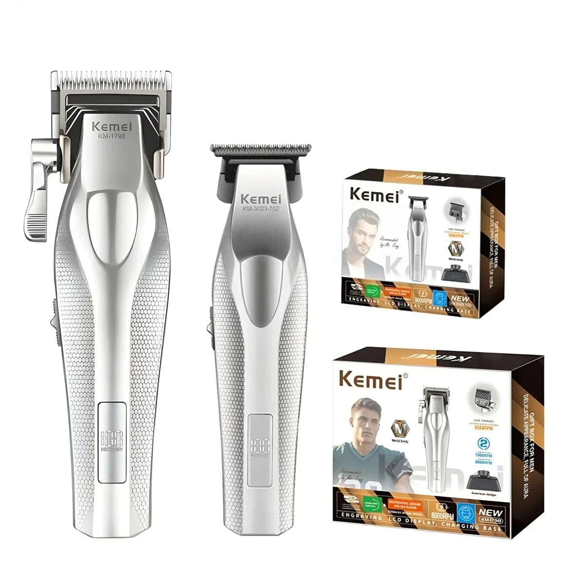 Kemei Clippers Professional Haircut Suit Rechargeable Hair Clippers Metal Body Shaver LCD Display Clipper For Man KM-3023 Set