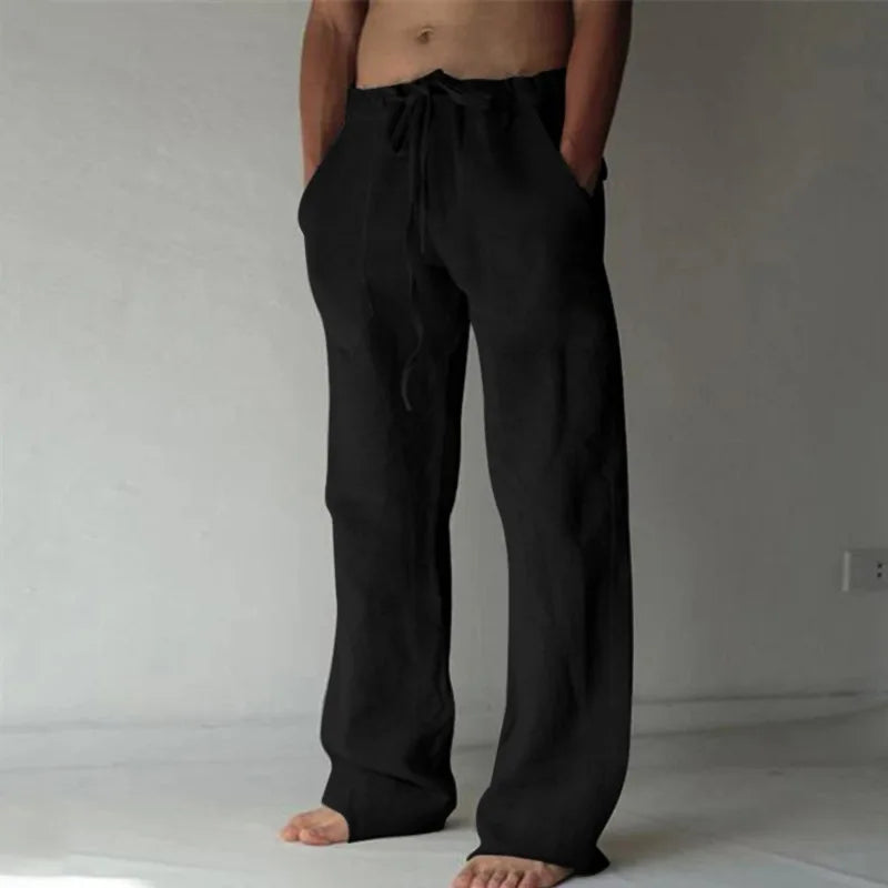 Men's Cotton Linen Long Pants Summer Solid Color Breathable Linen Trousers Male Casual Elastic Waist Casual Pants  Men ﻿