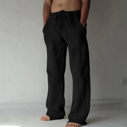 Men's Cotton Linen Long Pants Summer Solid Color Breathable Linen Trousers Male Casual Elastic Waist Casual Pants  Men ﻿