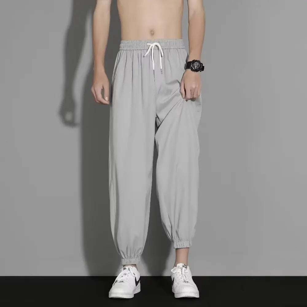 Mens Ice Silk Jogger Pants Summer Lightweight Casual Trousers Loose Fit Quick Dry Breathable Sport Fitness Bottoms Wear