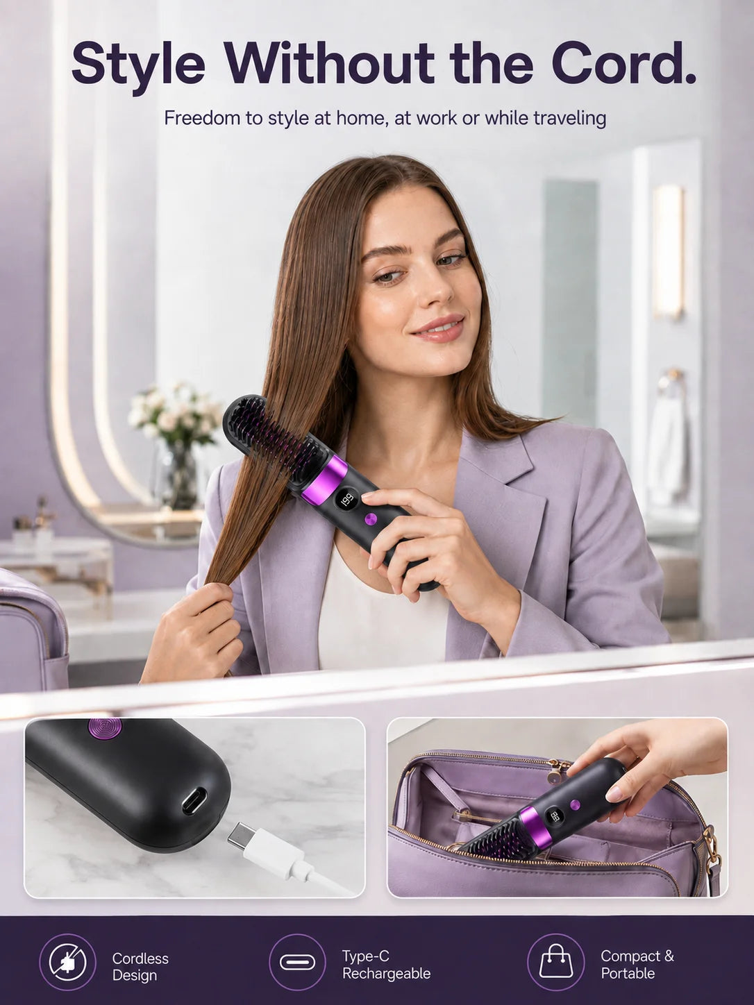 Electric Hair Straightening Brush Hot Comb Hair Straightener USB Rechargeable Wireless Portable Hair Straightener