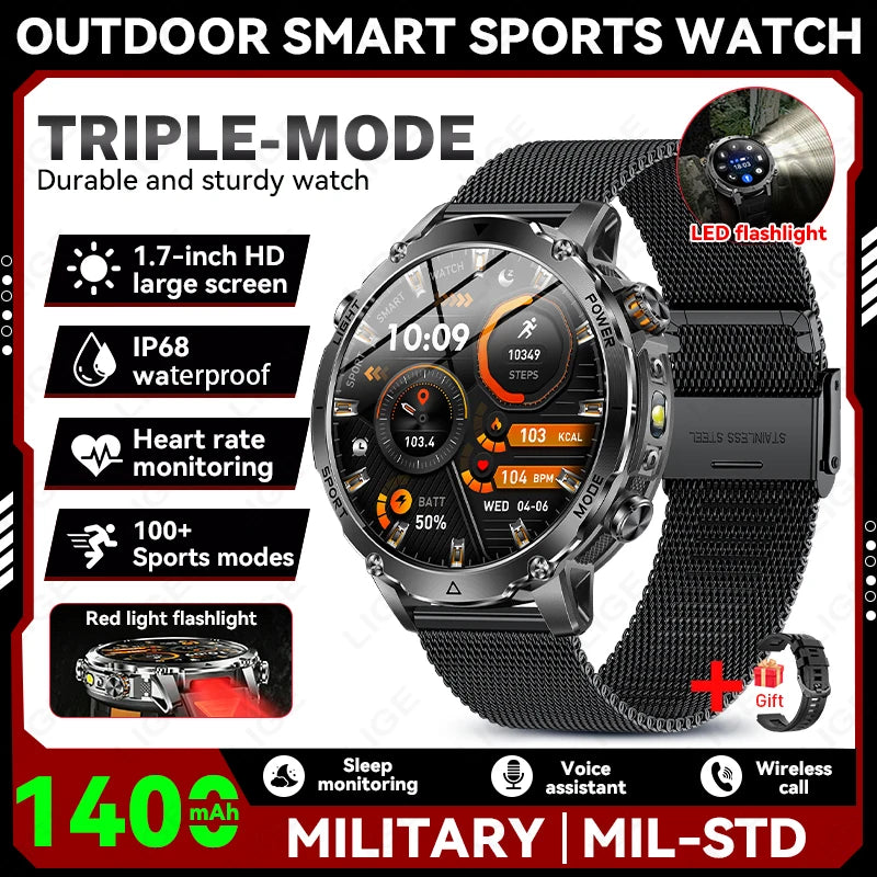 Smartwatch LIGE 2026 wojskowy, bateria 1400mAh, dla mężczyzn, latarka zewnętrzna, wodoodporność IP68, pulsometr, połączenia Bluetooth, bransoletka sportowa