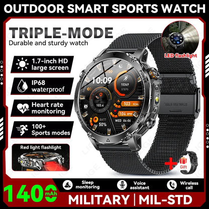 Smartwatch LIGE 2026 wojskowy, bateria 1400mAh, dla mężczyzn, latarka zewnętrzna, wodoodporność IP68, pulsometr, połączenia Bluetooth, bransoletka sportowa