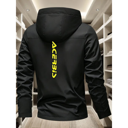 Men's Off-Road Motorcycle Style Hooded Jacket BIS Bright yellow logo print Windproof versatile casual functional jacket