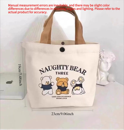 Little Bear Canvas Bag, Female Printed Versatile, Student Portable, Office Handbag, Bento Bag, Handbag, Sail Bag