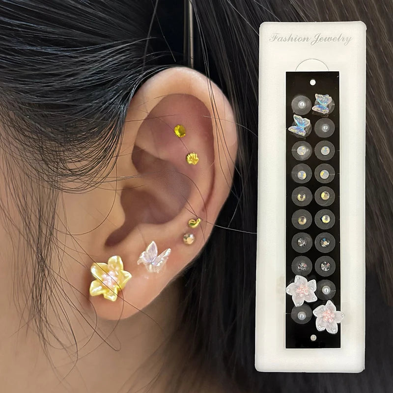 20 Patches Fashion Butterfly Flower Ear Point Stickers Ear Pressure Patch Rhinestone Acupuncture Auricular Ear Stickers Massager