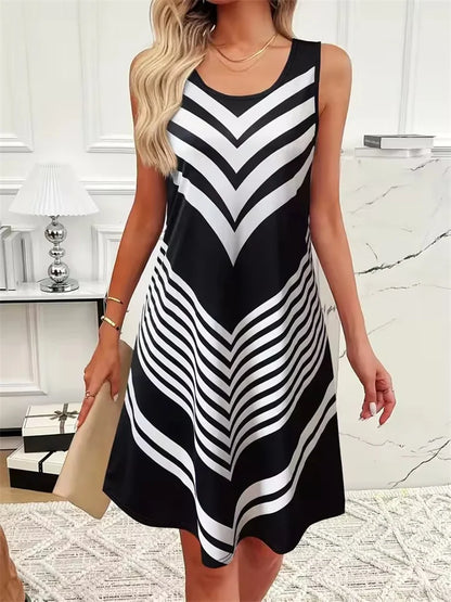 2025 New Fashion Women's Dress Casual Beach Round Neck Sleeveless Loose Dress Summer Women's Vest Striped Print Dress Sundress
