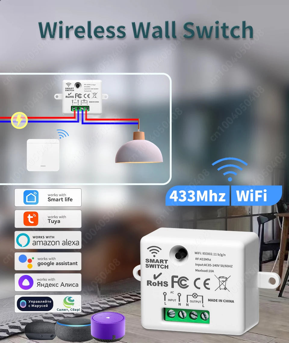 Tuya WiFi Smart Switch RF 433Mhz Wireless Switch 86 Wall Panel Mini Relay Module Smart Home Gadgets Voice for Alice Alexa Google