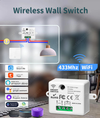Tuya WiFi Smart Switch RF 433Mhz Wireless Switch 86 Wall Panel Mini Relay Module Smart Home Gadgets Voice for Alice Alexa Google