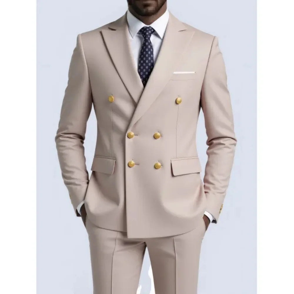 Custom Made Royal Blue Groom Tuxedo Lapel Double Breasted Men Suit Prom Wedding Party Men Suits Costume ( Jacket+Pants)