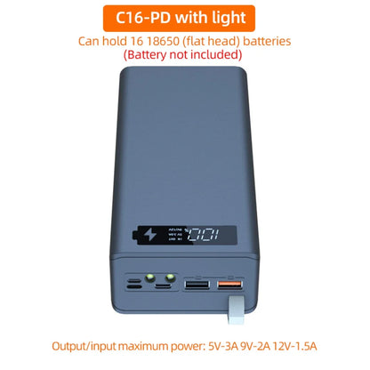 C16 Power Bank Case 16*18650 USB Welding Free Power Bank Case Detachable Portable QC 3.0 PD DIY Shell Housing For Powerbank