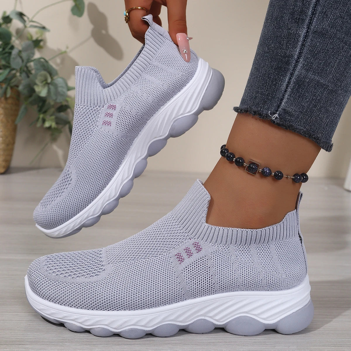 Grid mesh slip-on street sneakers, integrated stretch ribbed collar, thick wavy layered two-tone midsole daily walking shoes
