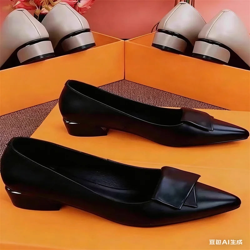 2026 Spring New Women's Pumps, Versatile Low Heel, Pointed Toe, Soft Leather, Casual Dress Shoes