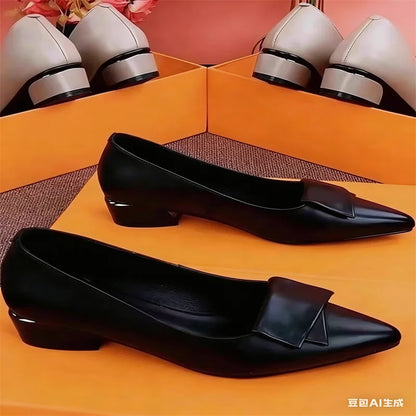 2026 Spring New Women's Pumps, Versatile Low Heel, Pointed Toe, Soft Leather, Casual Dress Shoes