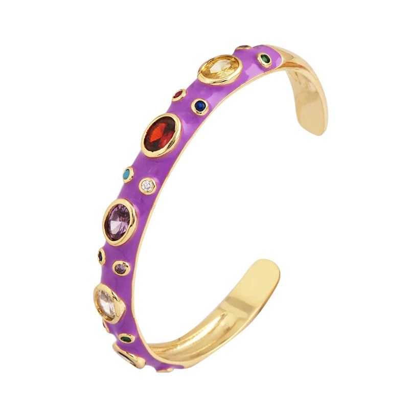 Fashionable Multicolor Gold Plated Gemstone Charm Bangle,Fine Colorful Enamel Open Adjustable Bracelet Jewelry Supply  Q35