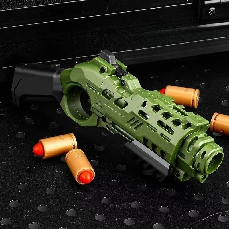 Shootable Toy Pistol with 1-Button Shell Ejection and Card Pushing Function, Black Technology Mini Handgun for Stress Relief